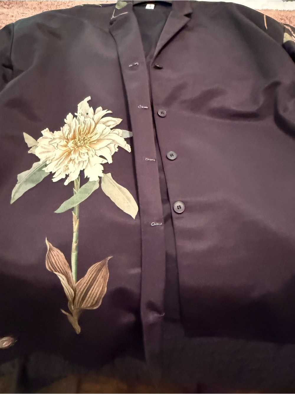 Epee From Paris - French Black Floral Textured Satin Oversized Long Blazer/Coat - Picture 7 of 16